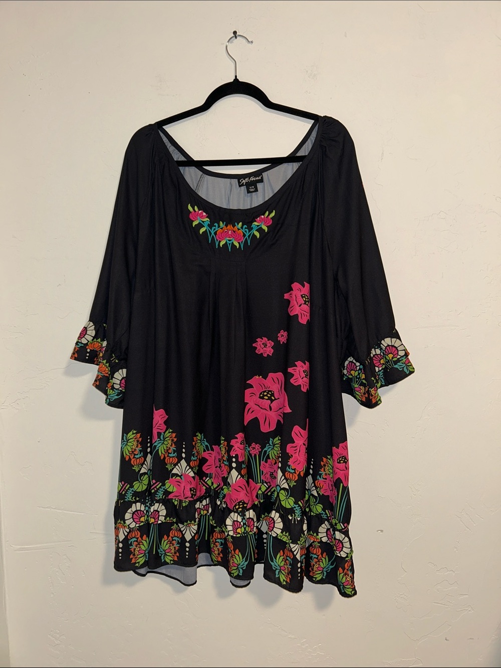 Soft Focus 32W 3/4 Sleeve Ruffle Bohemian Extra Long Polyester Tunic